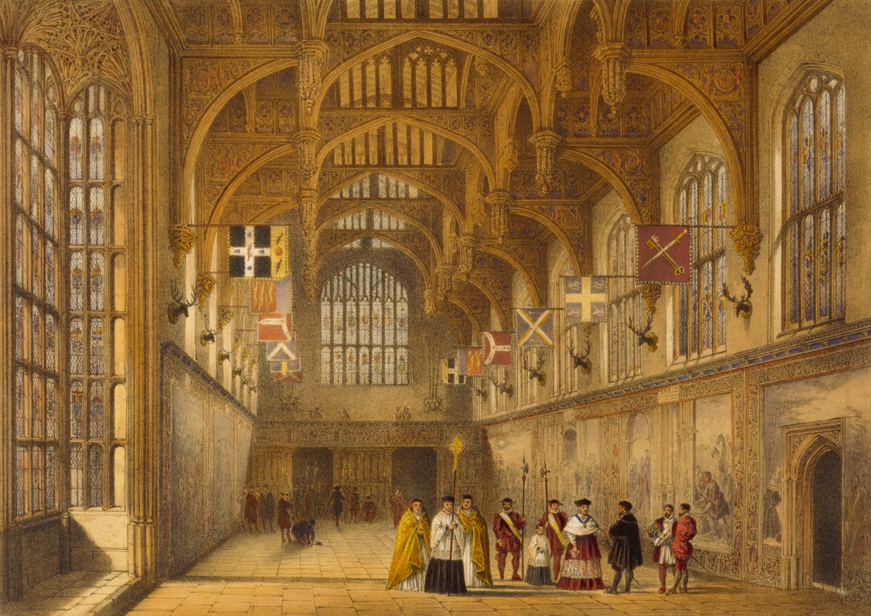 大厅，Hampton Court，c.1600，来自&39;中世纪建筑&39;，1838年 作者 约瑟夫·纳什