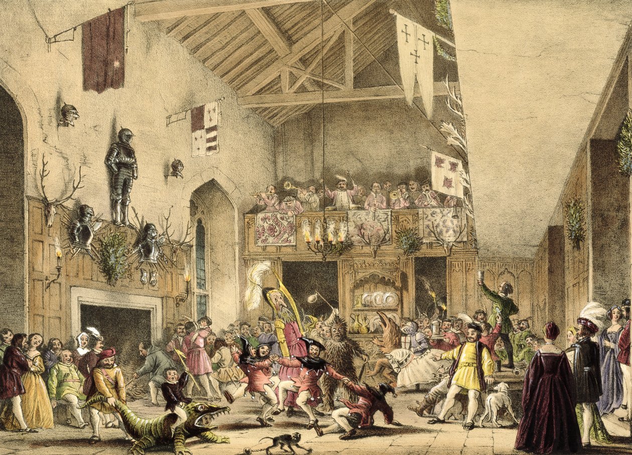 1838年，来自“中世纪建筑”的德比郡Haddon Hall大厅的第十二夜狂欢 作者 约瑟夫·纳什