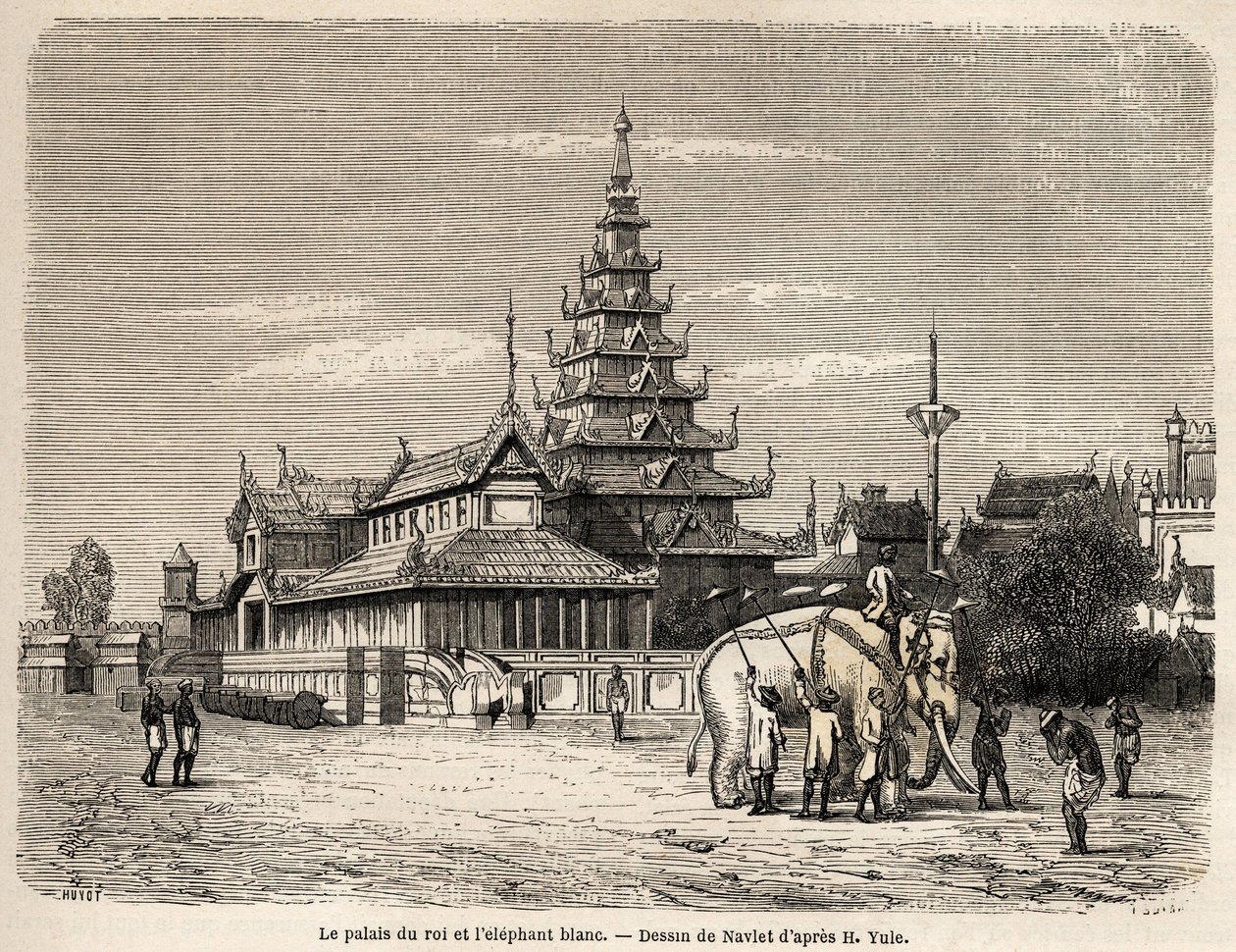 阿瓦国王的宫殿，位于阿马拉波拉（今缅甸），由纳弗莱绘制，用于说明1855年亨利-尤勒上尉前往阿瓦王国的孟加拉精灵的尸体。雕刻在《世界之旅，新的旅行杂志》中。 作者 约瑟夫·纳弗莱特