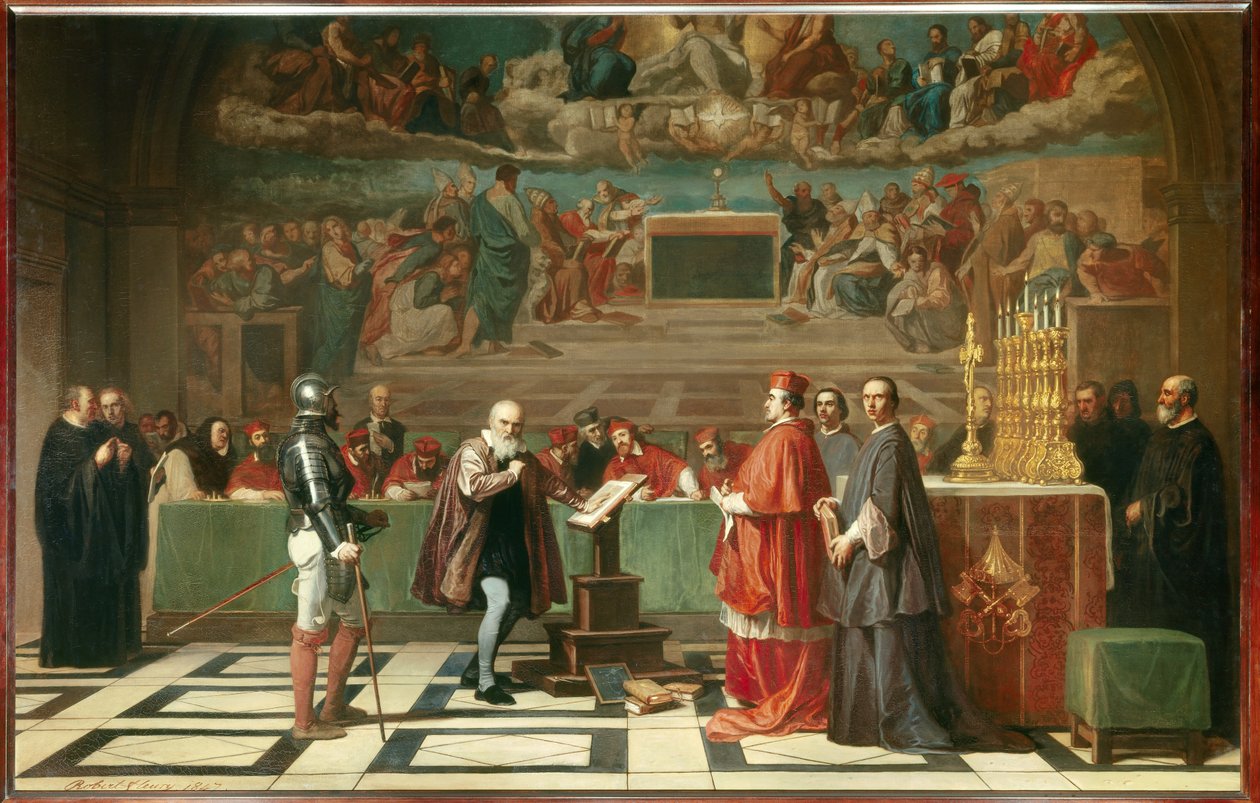 Galilee (或 Galileo Galilei (1564-1642) before the Holy Office in the Vatican") 天文学家于 1632 年因捍卫哥白尼的理论而被宗教裁判所判刑。约瑟夫·尼古拉斯·罗伯特-弗勒里 (Robert Fleury) 的绘画 (1797-1890) 1847年 作者 约瑟夫·尼古拉斯·罗伯特·弗勒里