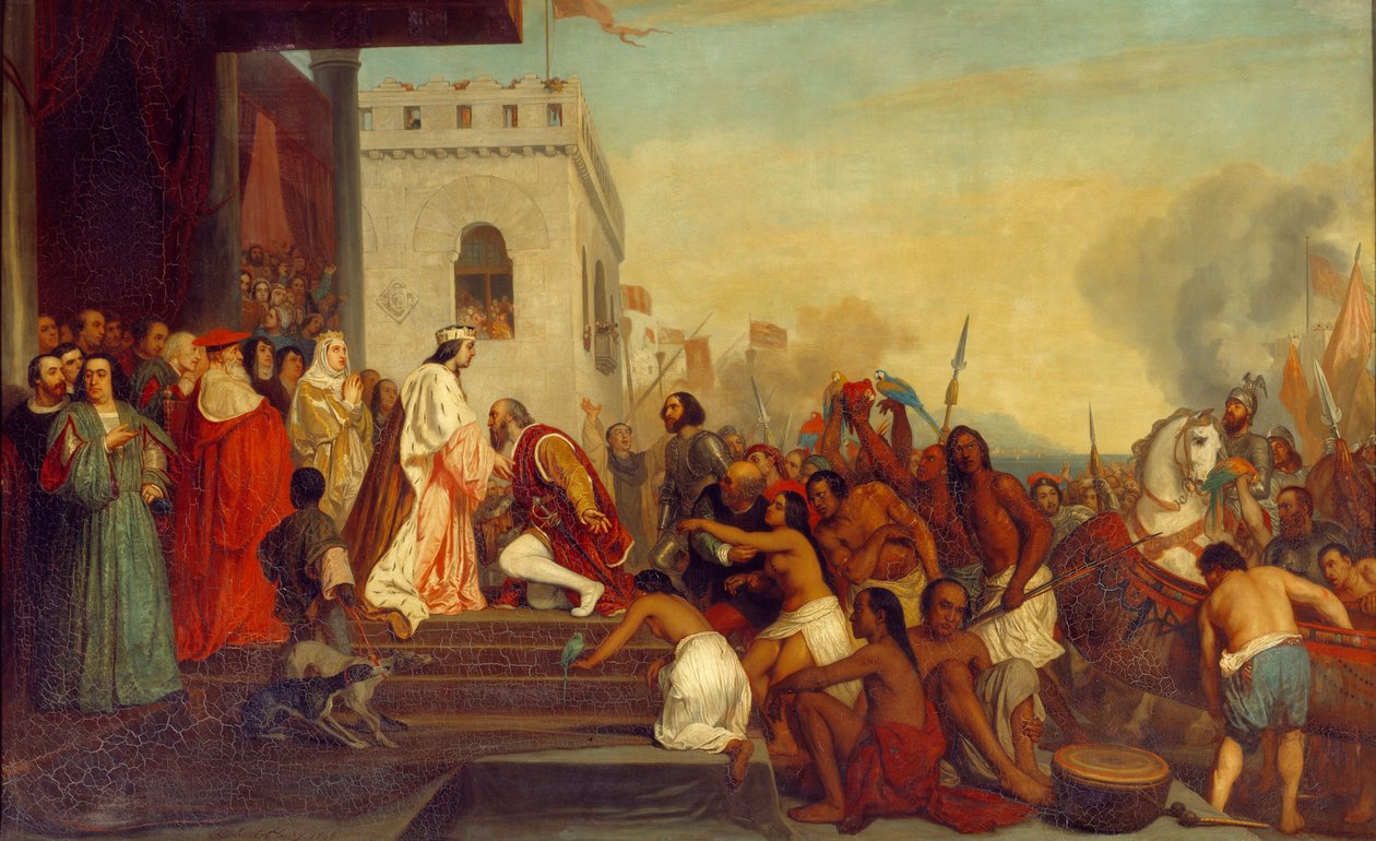 Reception of Christopher Columbus (1451-1506) by the kings of Spain Ferdinand II of Aragon and Isabella 1st of Castile (called the Catholic) in Barcelona in 1493 The explorer returns with captive Indians. Painting by Joseph Nicolas Robert Fleury (1797-1890 作者 约瑟夫·尼古拉斯·罗伯特·弗勒里