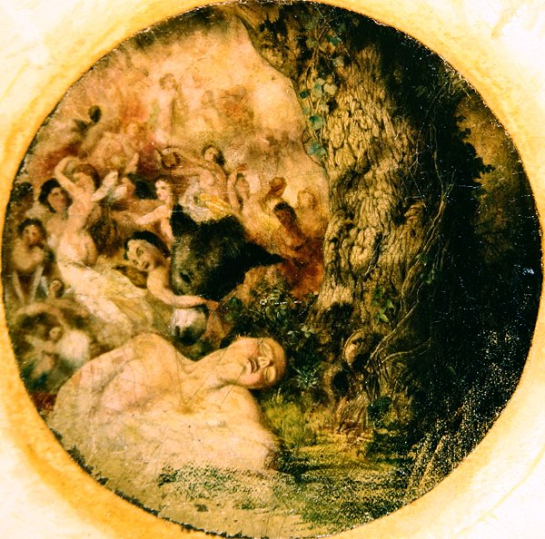 帕克从博特身上取下驴头，《奥伯龙与泰坦尼亚的和解》的研究，约1847年（布面油画，铺在木板上）（另见68759）。 作者 约瑟夫·诺埃尔·佩顿