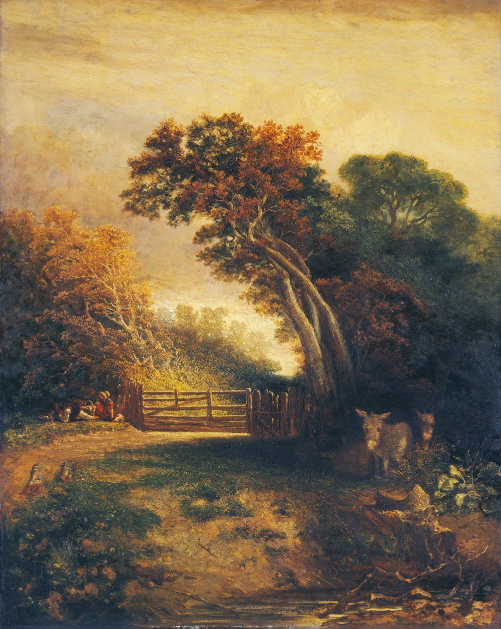 门边野餐者和驴子的风景，约1830-1880。 作者 约瑟夫·保罗