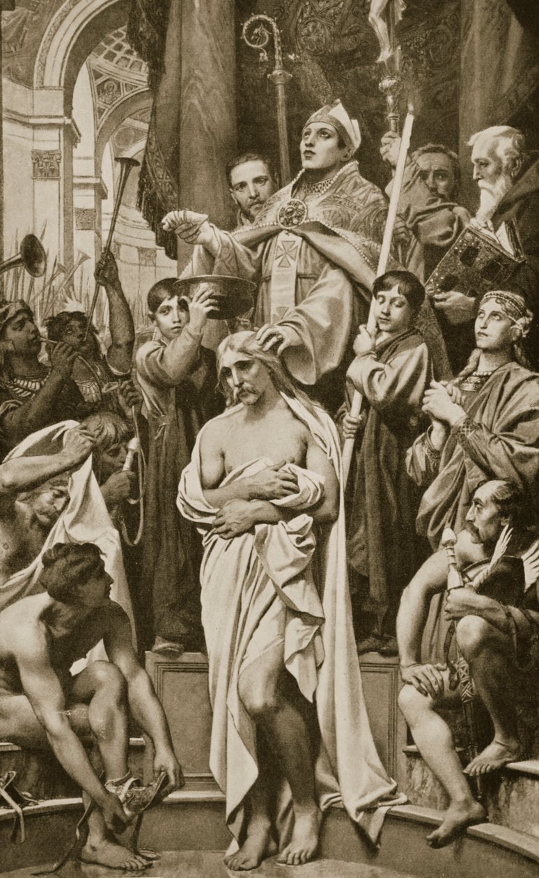 克洛维斯洗礼，Rheims，公元496年，“哈钦森的国家历史”插图，1915年 作者 约瑟夫·保罗·布兰克