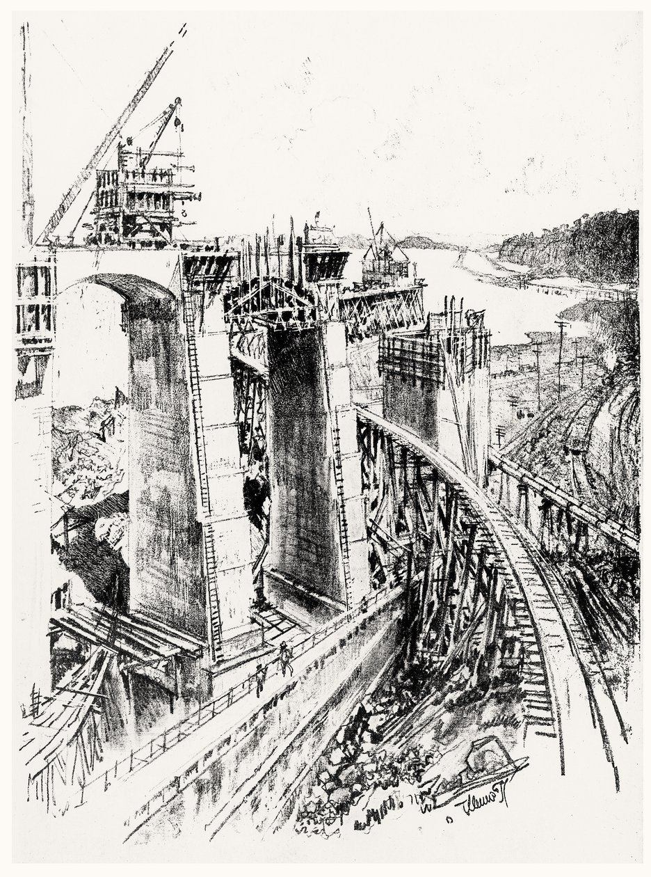 1912年约瑟夫·彭奈尔（Joseph Pennell）从巴拿马运河（Panama Canal）获得的Gatun Lock六板（木炭纸） 作者 约瑟夫·彭内尔
