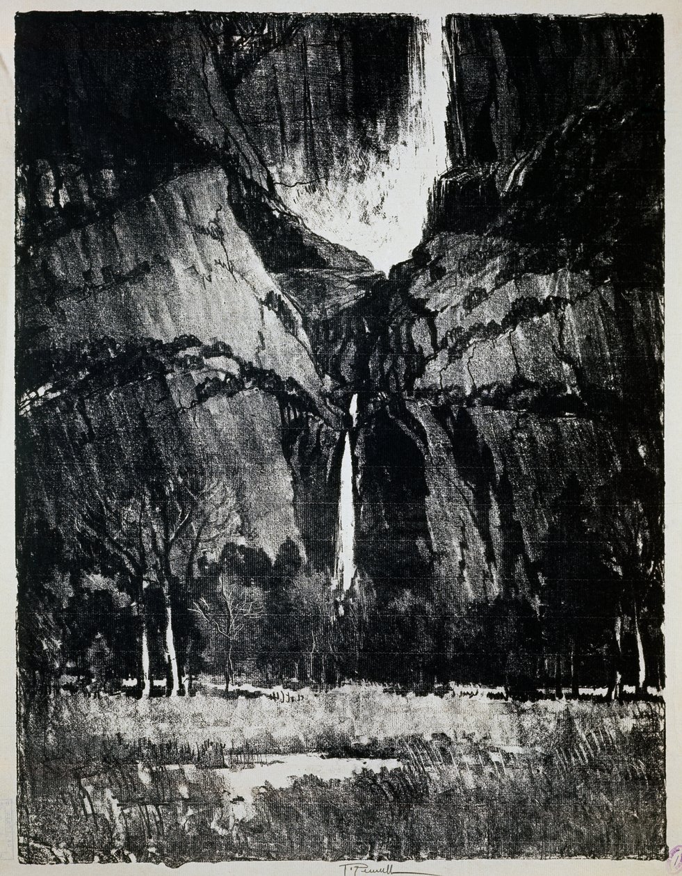 在瀑布脚下，由Joseph Pennell (1857-1926)，雕刻。 作者 约瑟夫·彭内尔