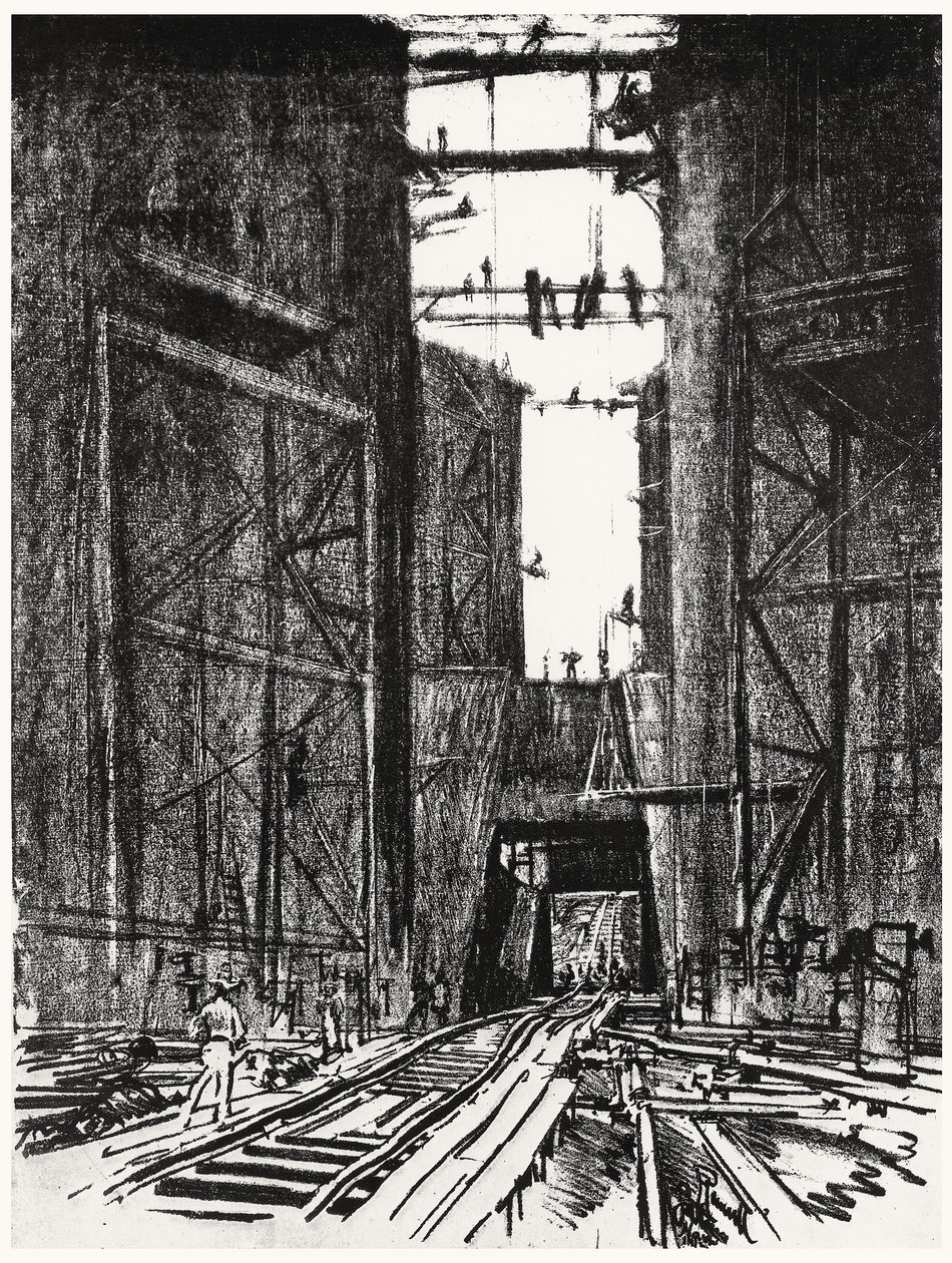 在Gatun Lock的底部，由Joseph Pennell于1912年在巴拿马运河的第四块板块（纸上的木炭） 作者 约瑟夫·彭内尔