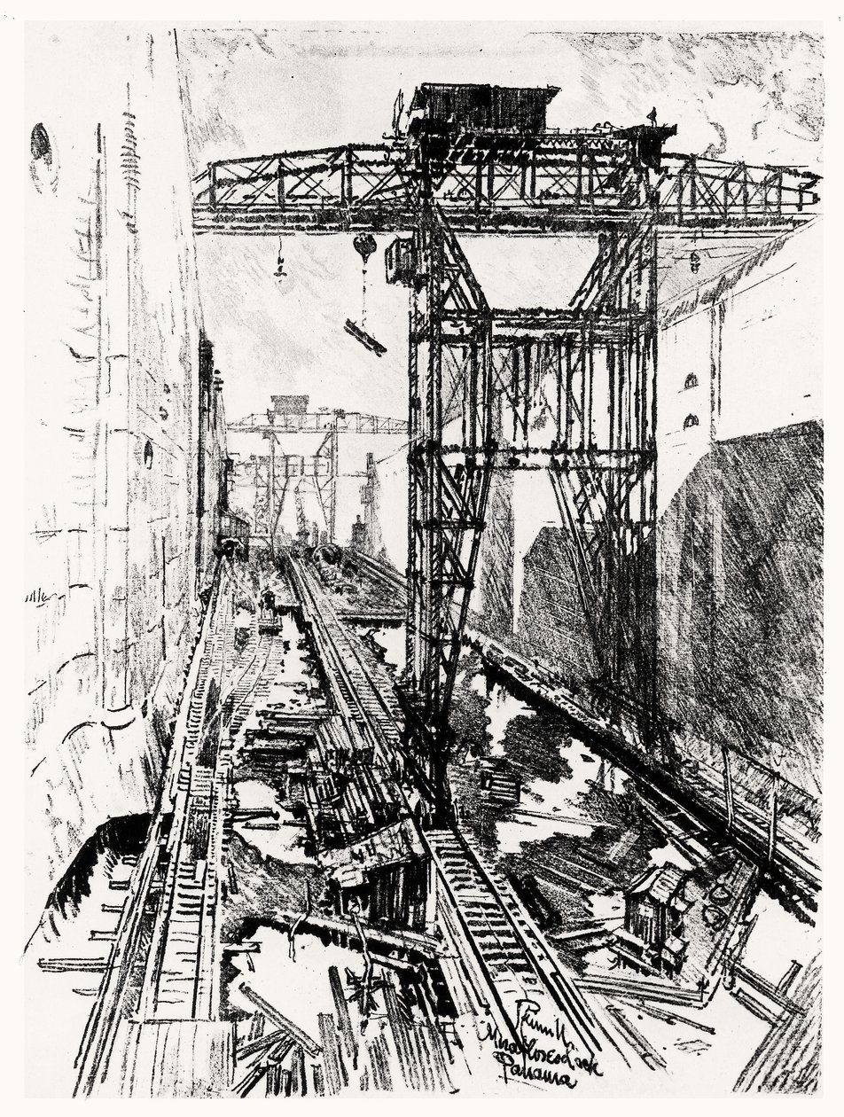 米拉弗洛雷斯锁的起重机，1912年约瑟夫·彭奈尔（Joseph Pennell）在巴拿马运河的第二十二号板上（纸上的木炭） 作者 约瑟夫·彭内尔
