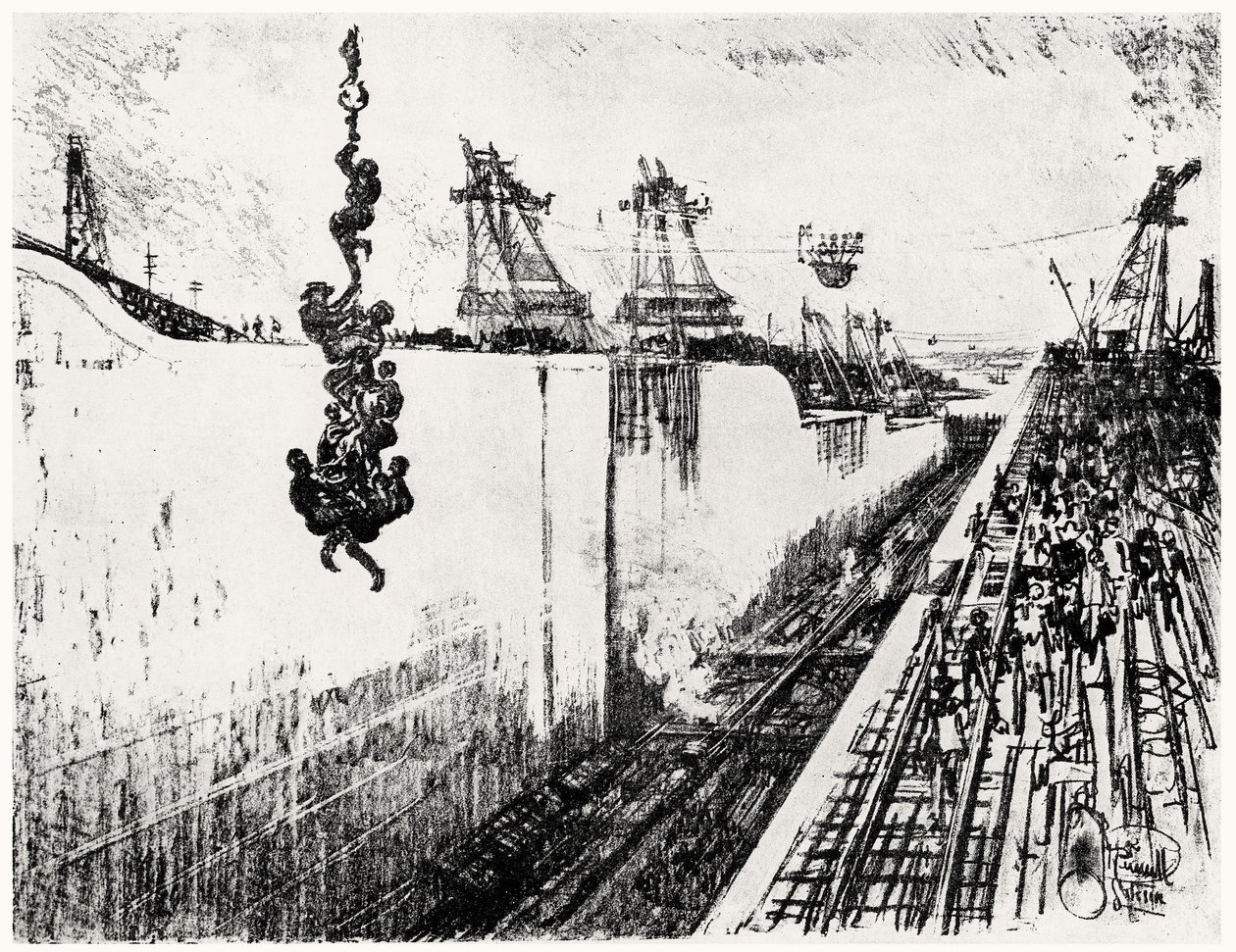 1912年，约瑟夫·彭内尔在加拿大的巴拿马运河三号板上的晚餐时间（木炭纸上） 作者 约瑟夫·彭内尔