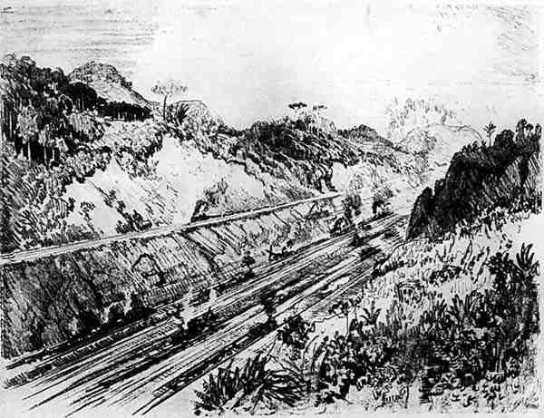 在Las Cascades的Cut中，由Joseph Pennell于1912年在巴拿马运河上制作第十二板（纸上的木炭） 作者 约瑟夫·彭内尔