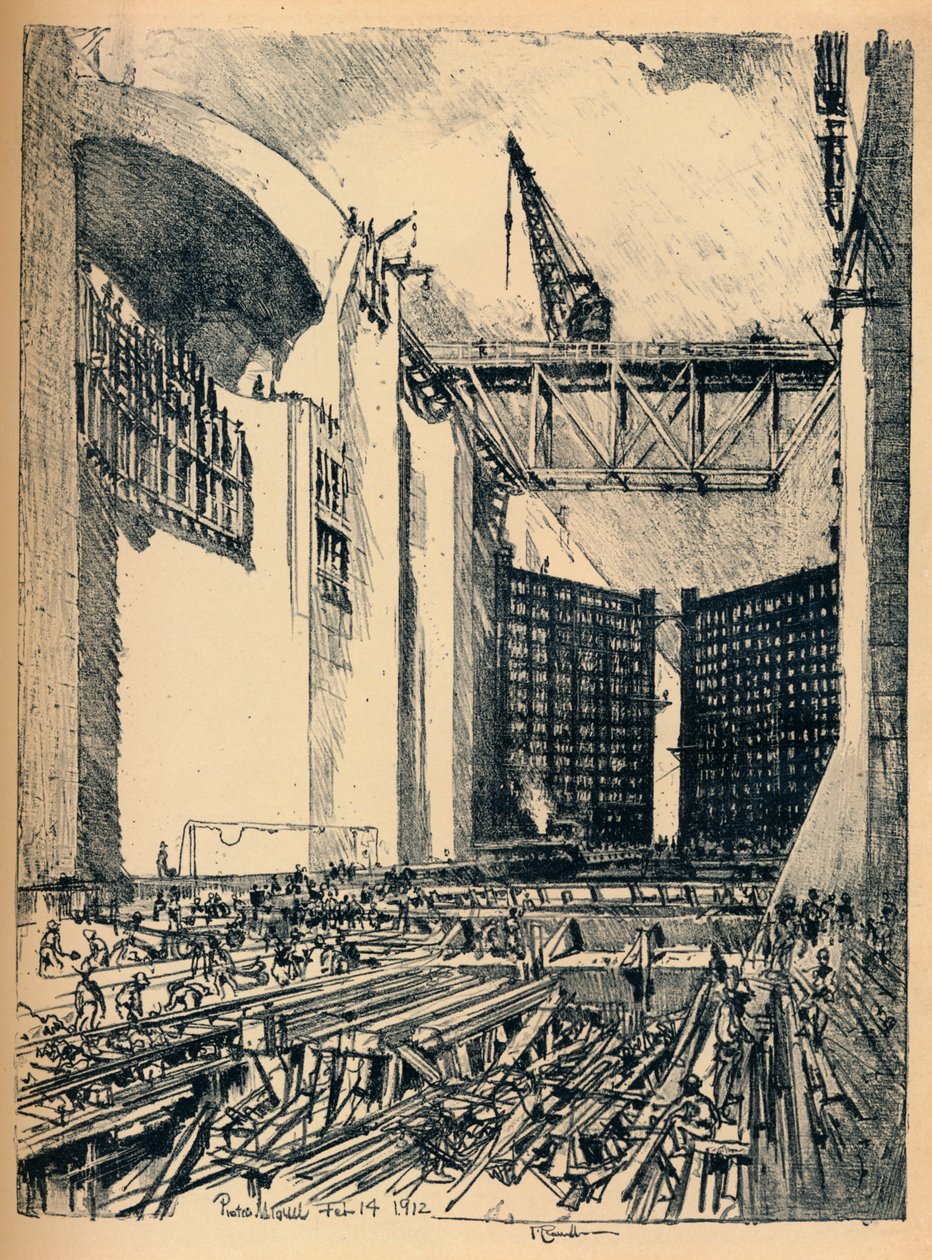 铺设Pedro Miguel Lock的地板，1912年 作者 约瑟夫·彭内尔
