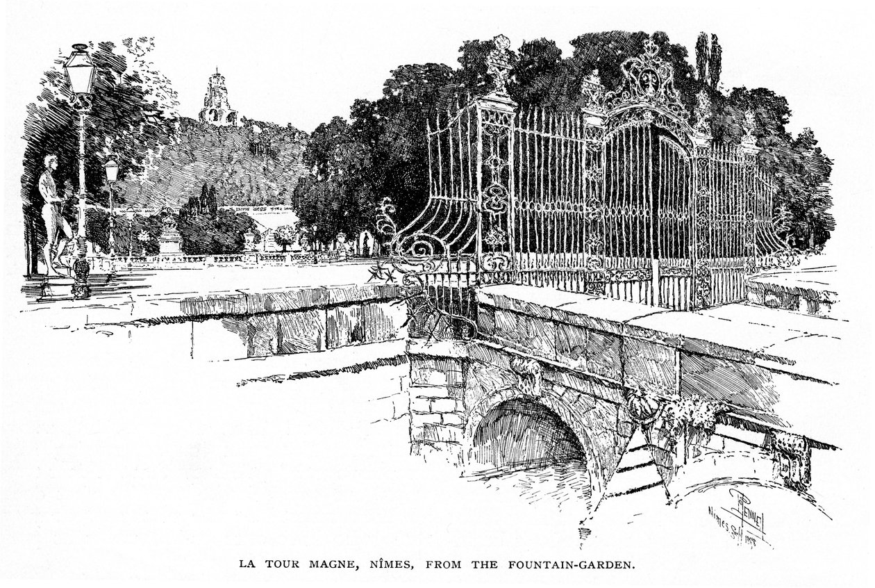 尼姆（加尔，朗格多克省）：1888 年从枫丹花园看到的马涅塔（版画） 作者 约瑟夫·彭内尔