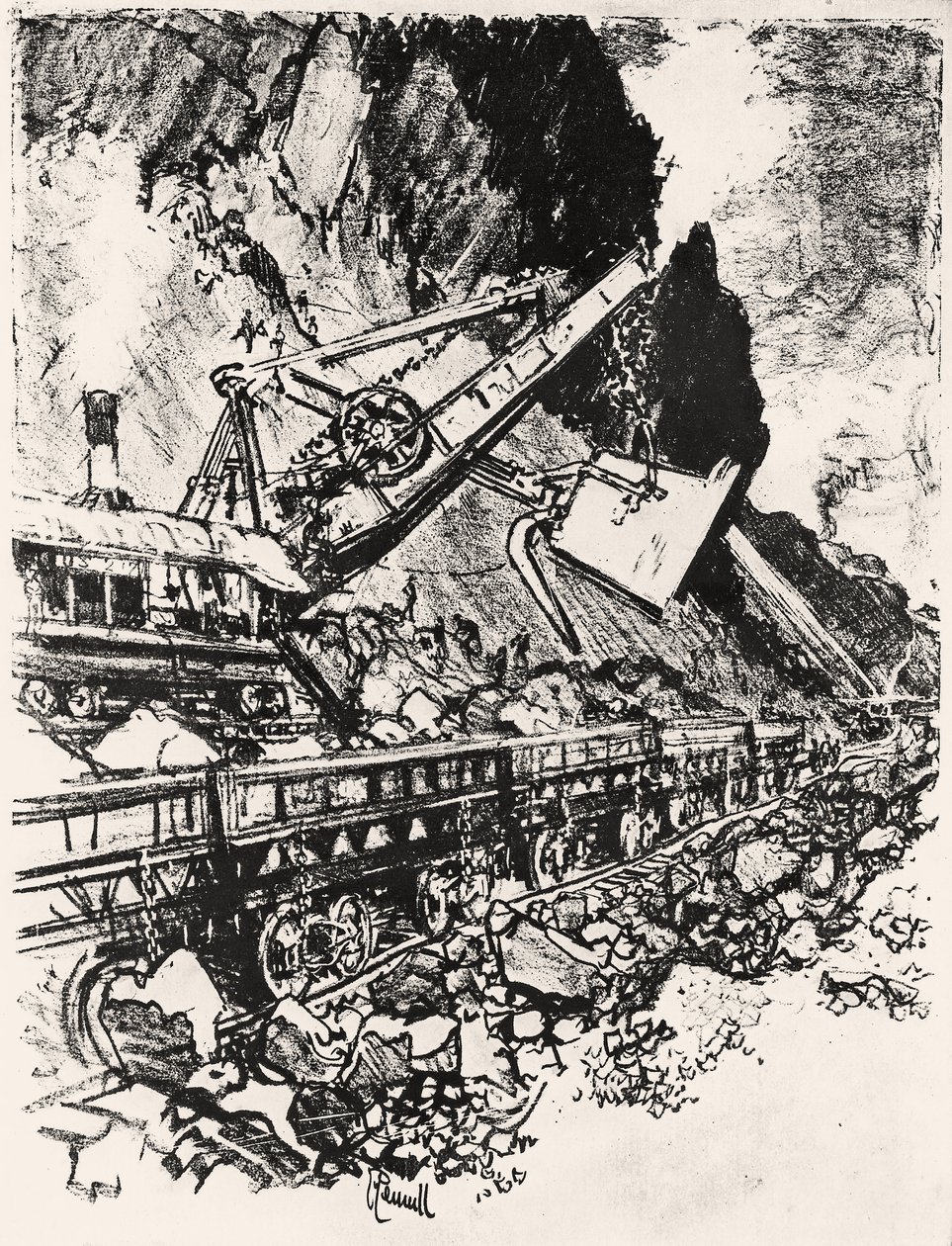 蒸汽铲工作：Culebra Cut，1912年Joseph Pennell在巴拿马运河上制作的XIV板（木炭纸上） 作者 约瑟夫·彭内尔