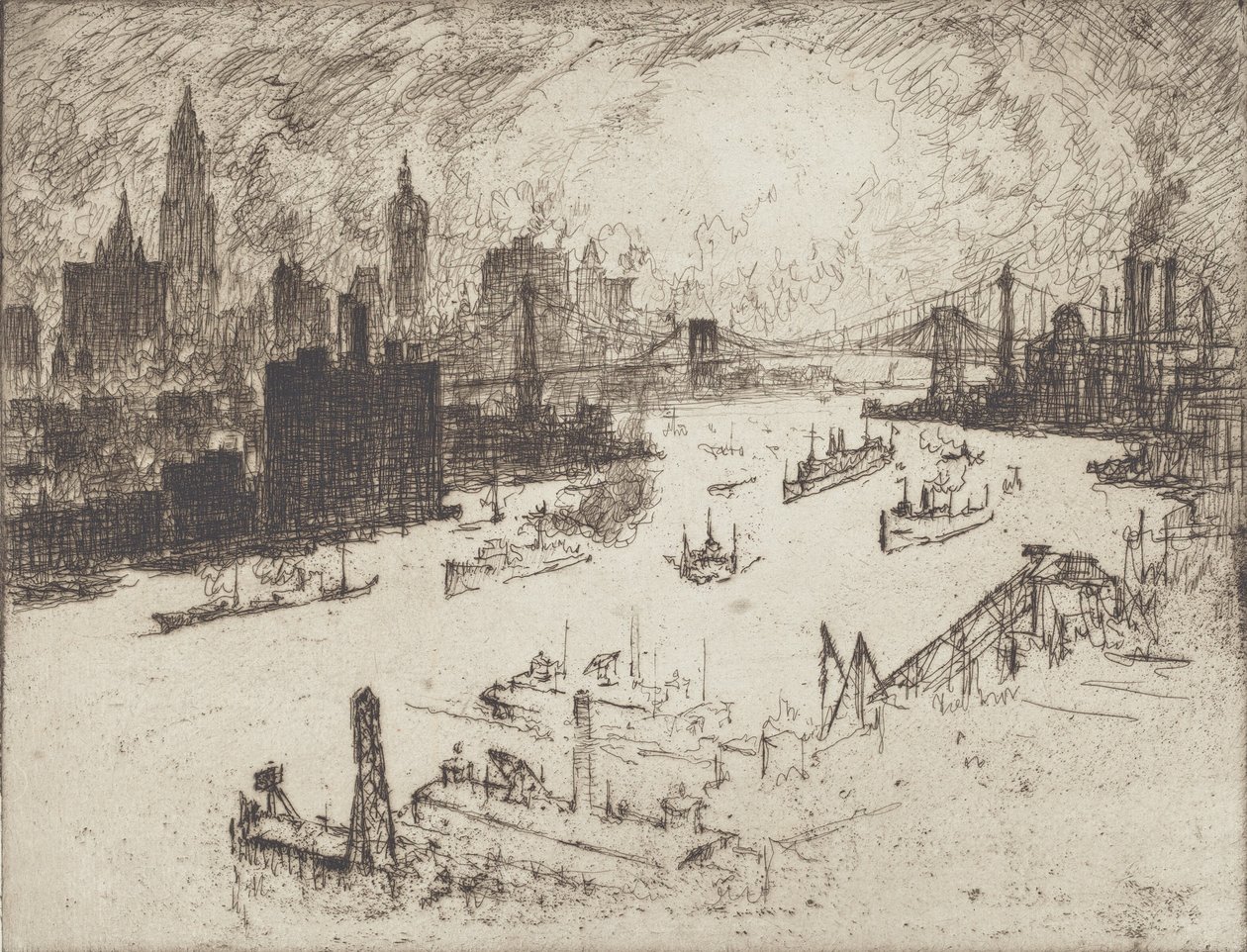 日落，从威廉斯堡桥上看，1915年。 作者 约瑟夫·彭内尔