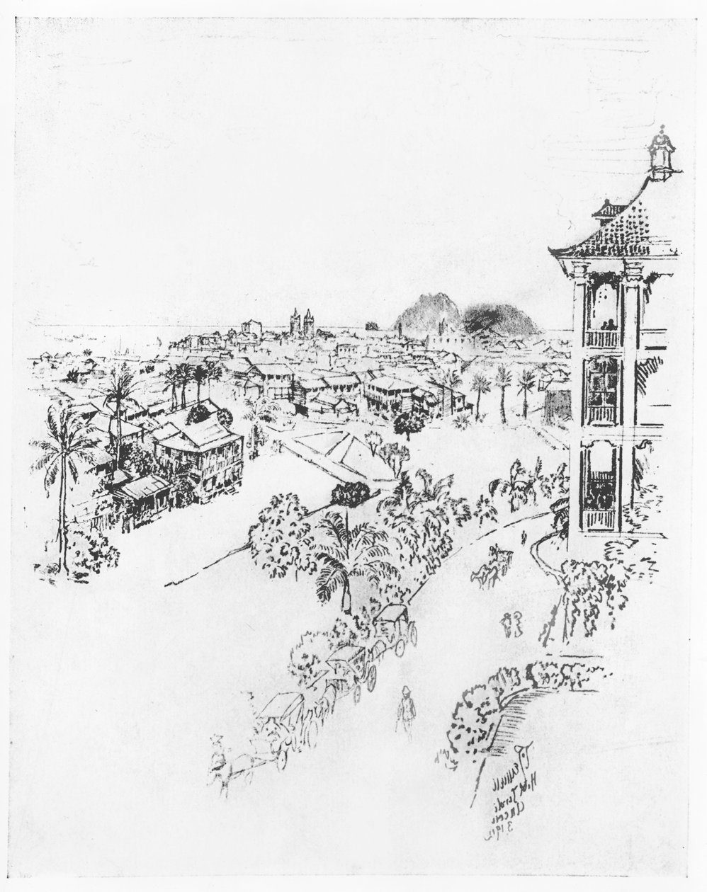 来自Tivoli Hotel，Ancon的巴拿马城，来自Joseph Pennell的&39;The Panama Canal&39;，1912年（纸上的木炭） 作者 约瑟夫·彭内尔