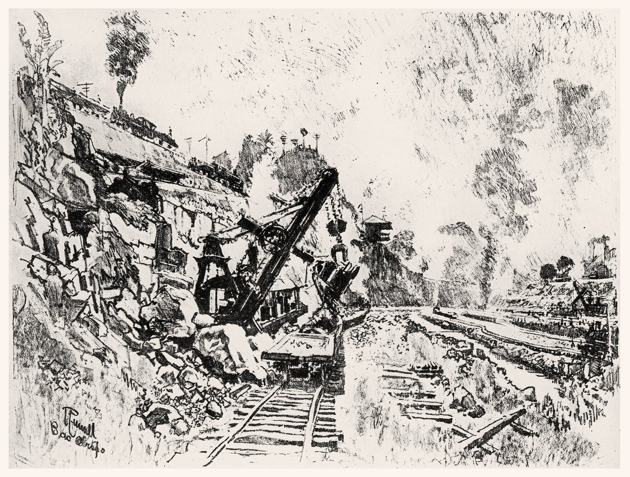 巴斯奥比斯波切割，1912年约瑟夫·彭奈尔（Joseph Pennell）在巴拿马运河的第十一板（木炭纸上） 作者 约瑟夫·彭内尔