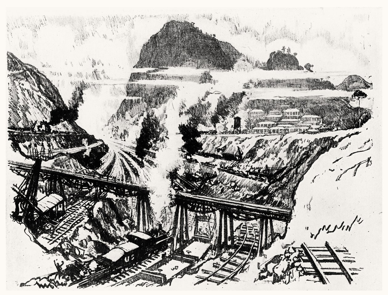 1912年约瑟夫·彭奈尔（Joseph Pennell）在巴拿马运河（The Paris Canal）举行的第十六板（Paraiso）切割（木炭纸上） 作者 约瑟夫·彭内尔