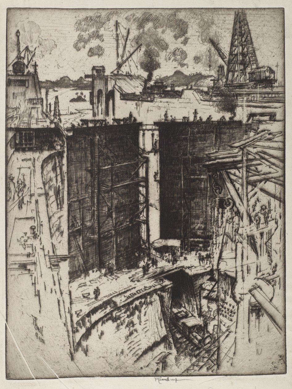 护卫门，Gatun Lock，巴拿马，1912年（纸上蚀刻） 作者 约瑟夫·彭内尔