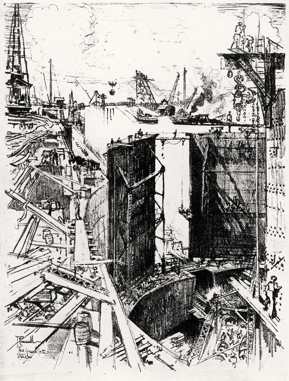 Gatun的警卫门，1912年约瑟夫·彭内尔（Joseph Pennell）从巴拿马运河（巴拿马运河）登上V（木炭纸上） 作者 约瑟夫·彭内尔