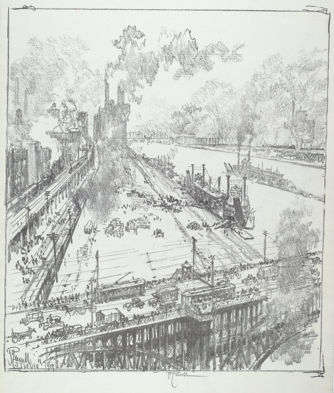 从Eads桥看堤坝，圣路易斯，1919年。 作者 约瑟夫·彭内尔