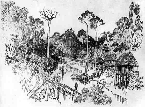 1912年约瑟夫·彭内尔（Joseph Pennell）的巴拿马运河（The Panama Canal）的第九个原住民村（木炭纸上） 作者 约瑟夫·彭内尔