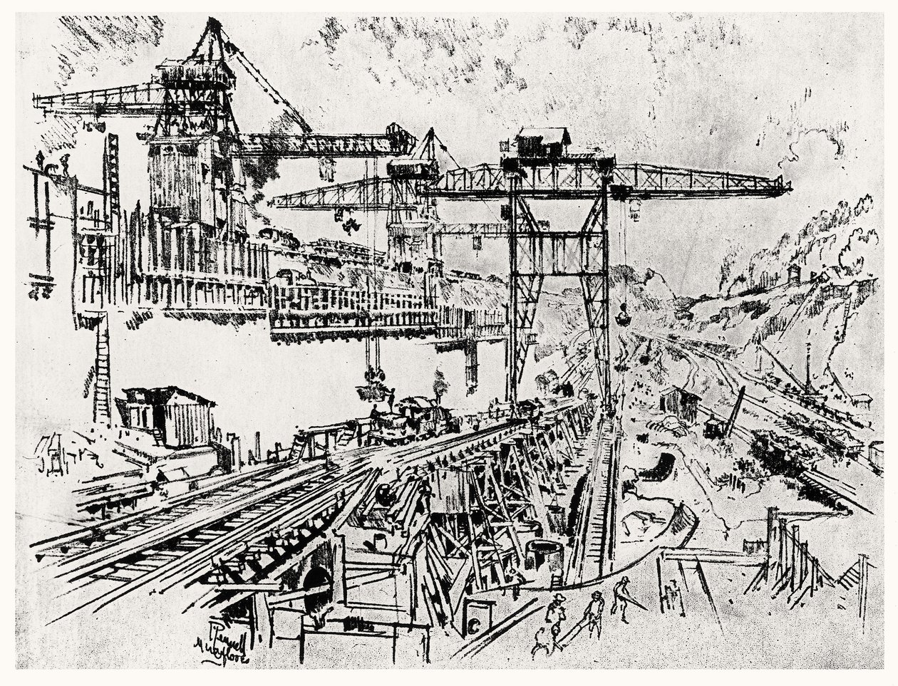 米拉弗洛雷斯的墙壁，1912年约瑟夫·彭内尔（Joseph Pennell）在巴拿马运河的第二十三号板块（纸上的木炭） 作者 约瑟夫·彭内尔