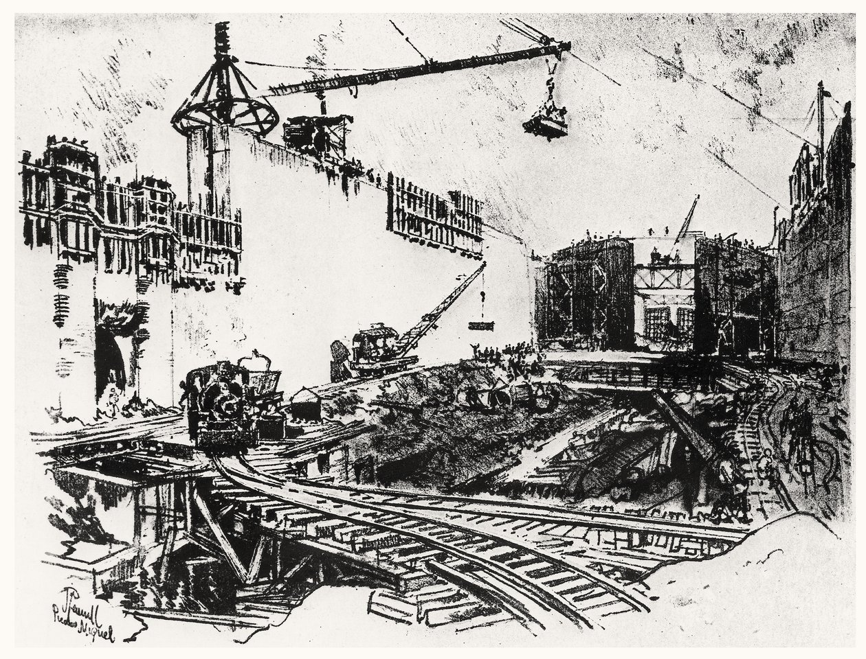 Pedron Miguel的墙壁，1912年由Joseph Pennell在巴拿马运河的XX板块（纸上的木炭） 作者 约瑟夫·彭内尔