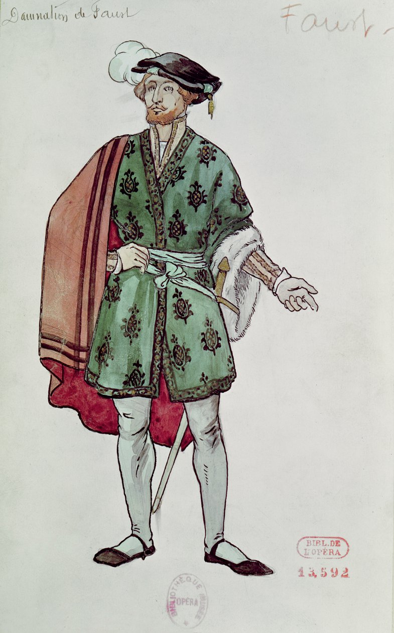 浮士德的服装设计，选自赫克托-柏辽兹（1803-69）的《浮士德的诅咒》（1846 年），1906-08 年（纸面水彩画） 作者 约瑟夫·波菲里·平雄