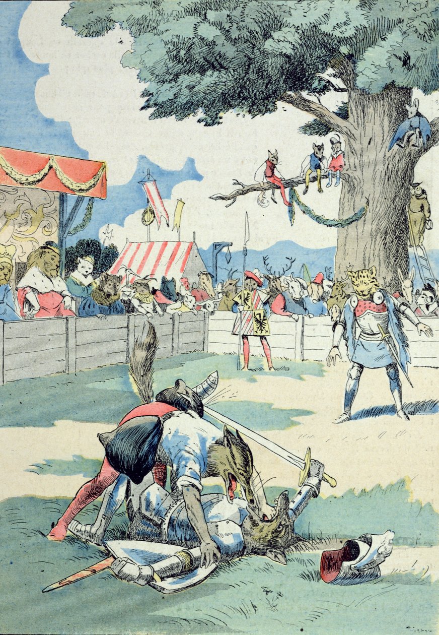 雷纳与伊森格林之战，选自 G. Le Cordier 所著《雷纳大师历险记》，约 1900 年（彩色石版印刷）。 作者 约瑟夫·波菲里·平雄