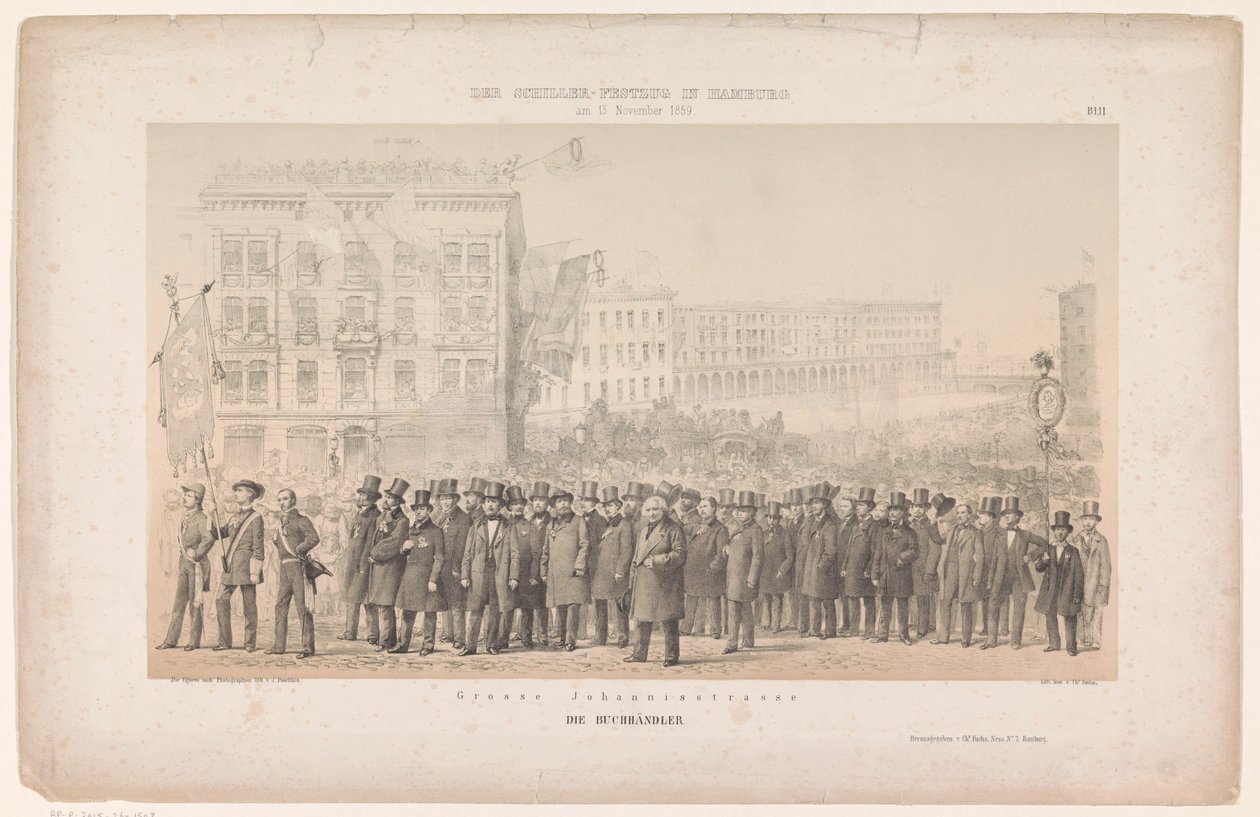汉堡书商游行
Grosse Johannisstrasse / Die Buchhändler（物品上的标题）
汉堡纪念弗里德里希-冯-席勒的游行（系列标题）
汉堡席勒节（文物上的系列名称） 作者 约瑟夫·普希金