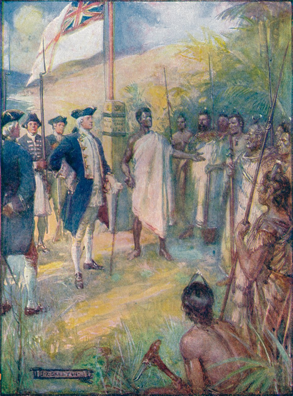库克告诉毛利人，他来是在岛上留下印记，c1908，c1920。 作者 约瑟夫·拉特克利夫·斯凯尔顿