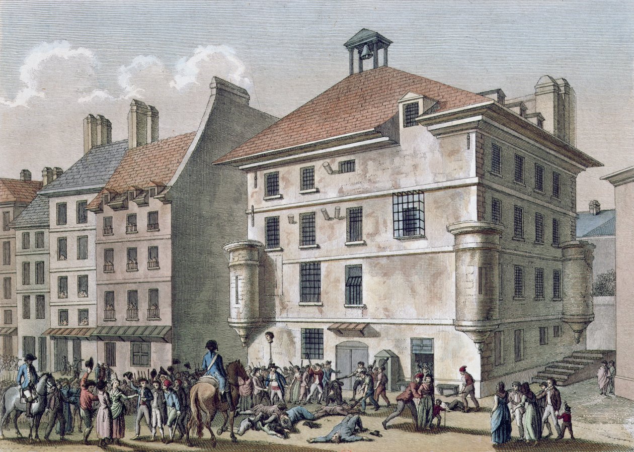 9月大屠杀：1792年9月2日至5日在St. Germain des Pres附近的Abbaye监狱大屠杀，由Reinier Vinkeles（1741-1816）和Daniel Vrydag（1765-1822）雕刻（彩色雕刻） 作者 约瑟夫·斯韦巴奇·德方斯坦