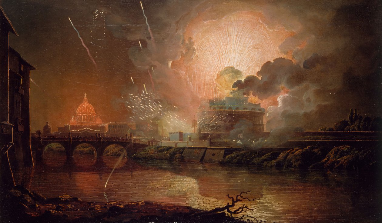 圣安杰洛城堡的烟花表演，1774-1778。   作者 德比的约瑟夫·赖特