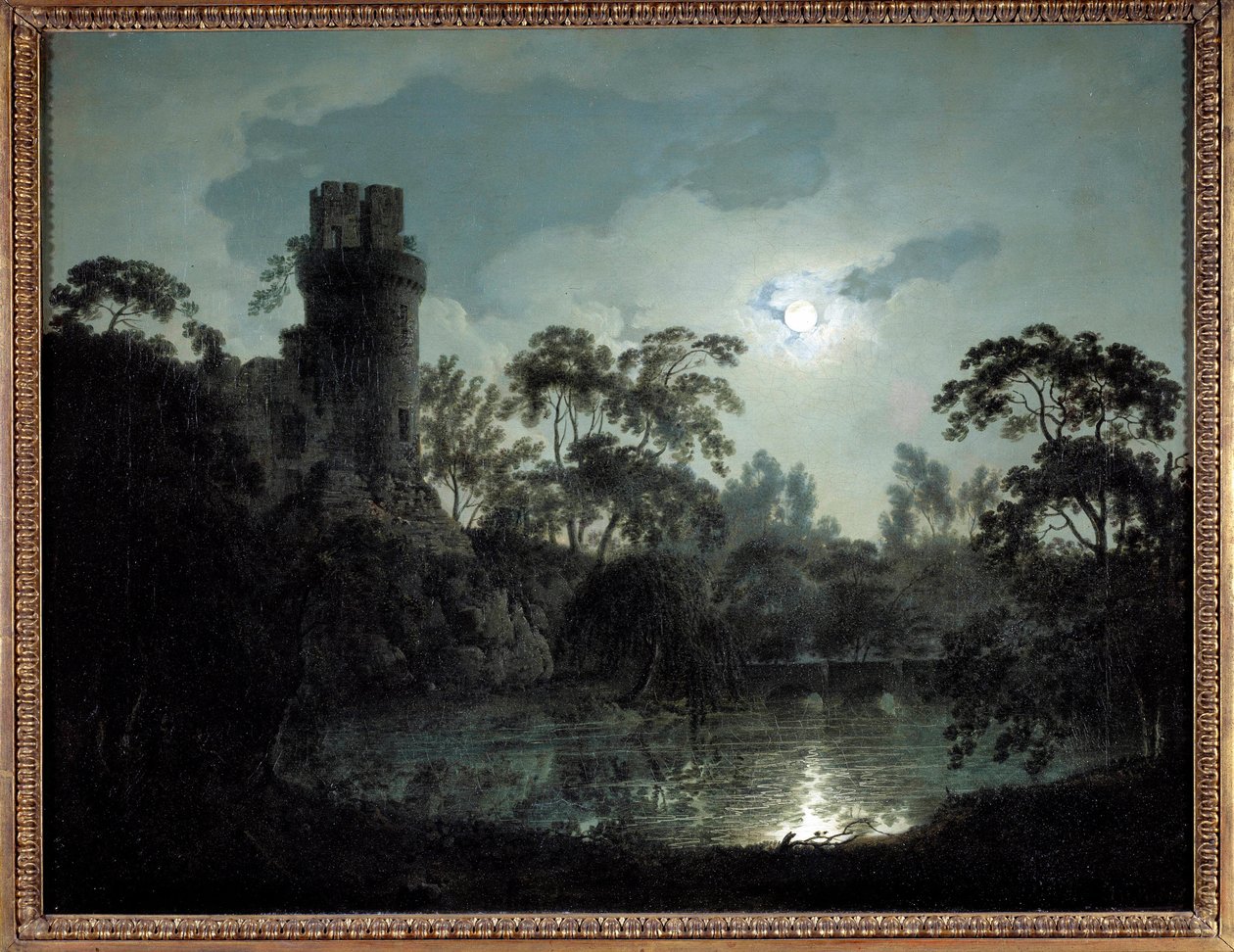 月光与湖泊和城堡 浪漫的夜景。 德比的约瑟夫·赖特 (Joseph Wright) 的画作 (1734-1797) 1787 年私人收藏 作者 德比的约瑟夫·赖特