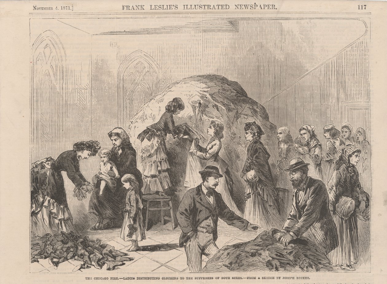 芝加哥大火：女士们为两性患者分发服装，来自Frank Leslies Illustrated Newspaper，1871年的插图 作者 约瑟夫·贝克尔