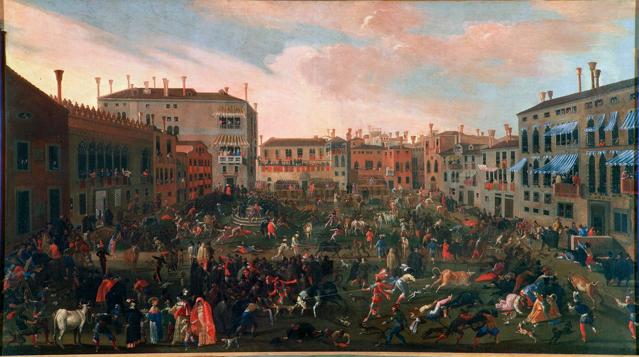 The hunting of bulls at Campo San Polo in Venice in 1648. The traditional hunting of Taurus took place in the small square (campi) of Venitian with particularly feroce dogs. Painting by Joseph Heintz Je Jeune (1600-1678). Venezia, Museo Correr 作者 约瑟夫·海因茨
