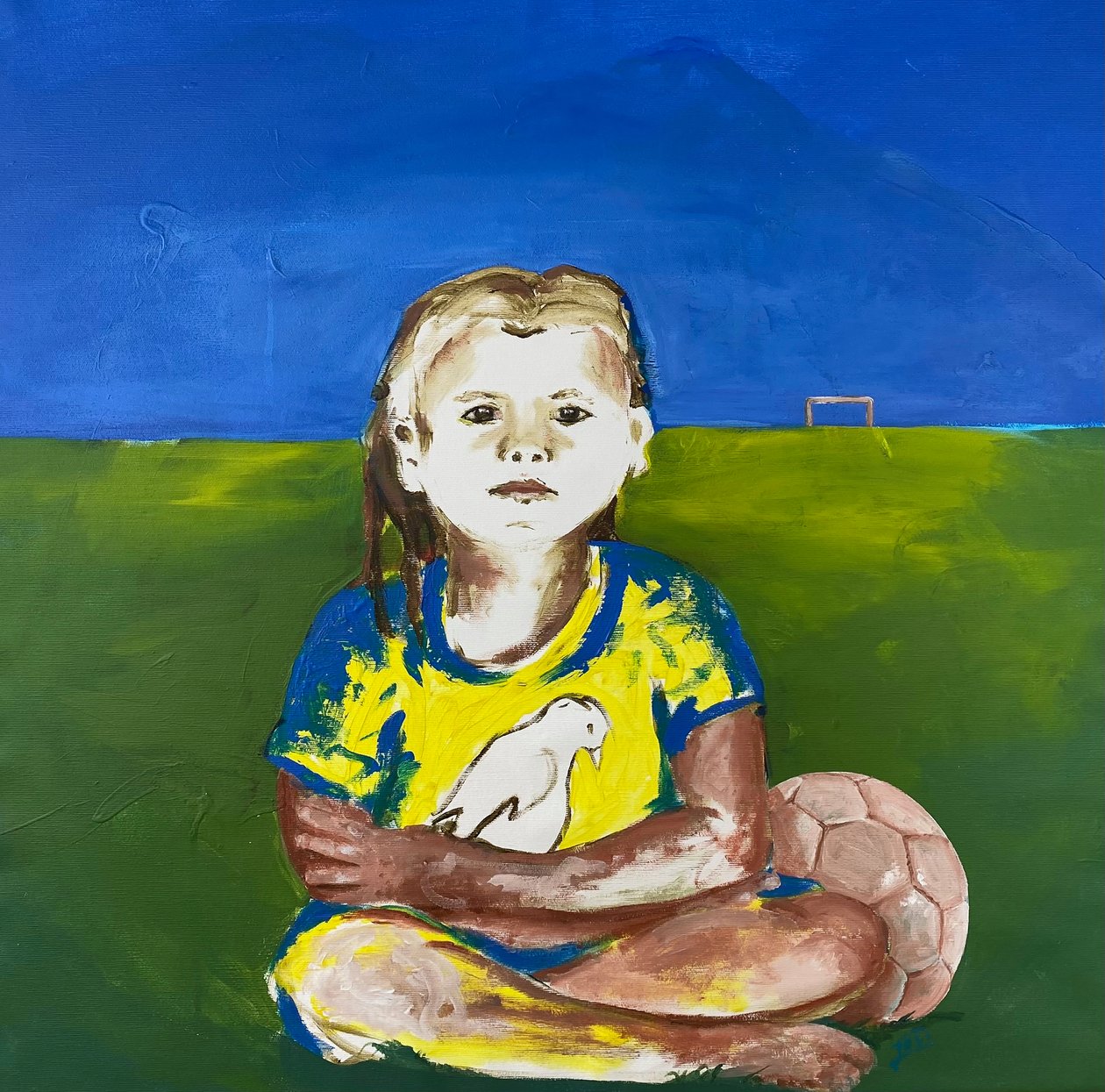 Mädchen mit Taube（戴鸽子的女孩），2022 年（布面丙烯颜料） 作者 约瑟芬·亨宁