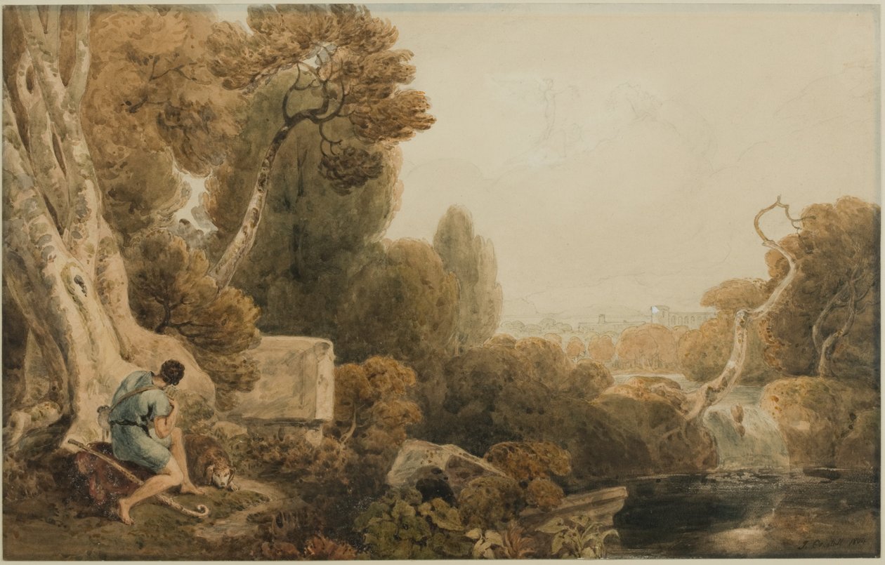 黎明的古典风景与田园人物和极光在她的战车，1804年（铅笔和纸上的wc） 作者 约书亚·克里斯塔尔（Joshua Cristall）