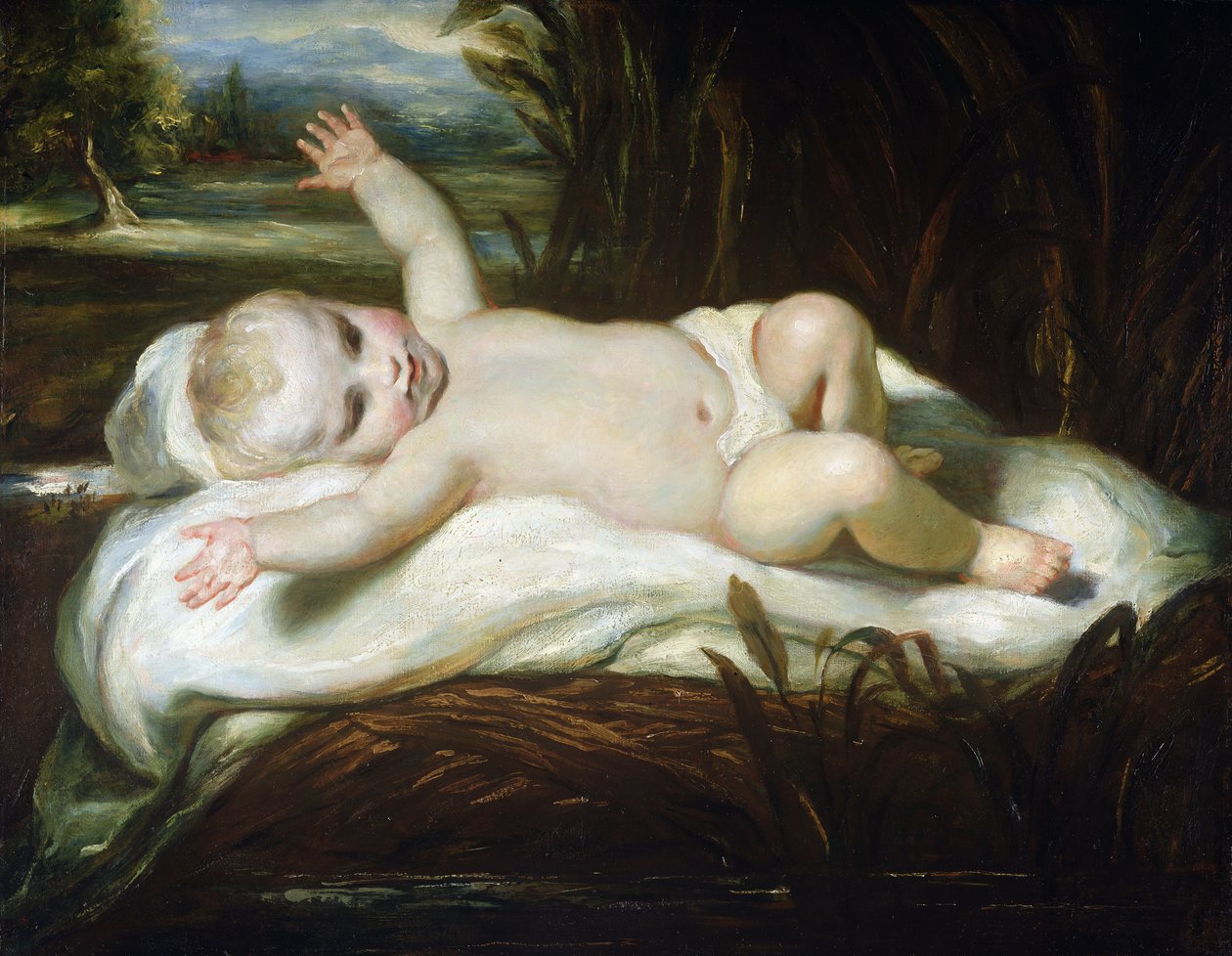在Bullrushes中的摩西（无衬里帆布上的油） 作者 约书亚·雷诺兹（Joshua Reynolds）