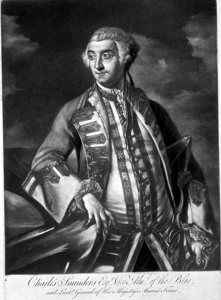 海军上将查尔斯-桑德斯爵士（约1713-75）的肖像，由詹姆斯-麦卡德尔（约1729-65）刻制（雕刻）。 作者 约书亚（之后）雷诺兹