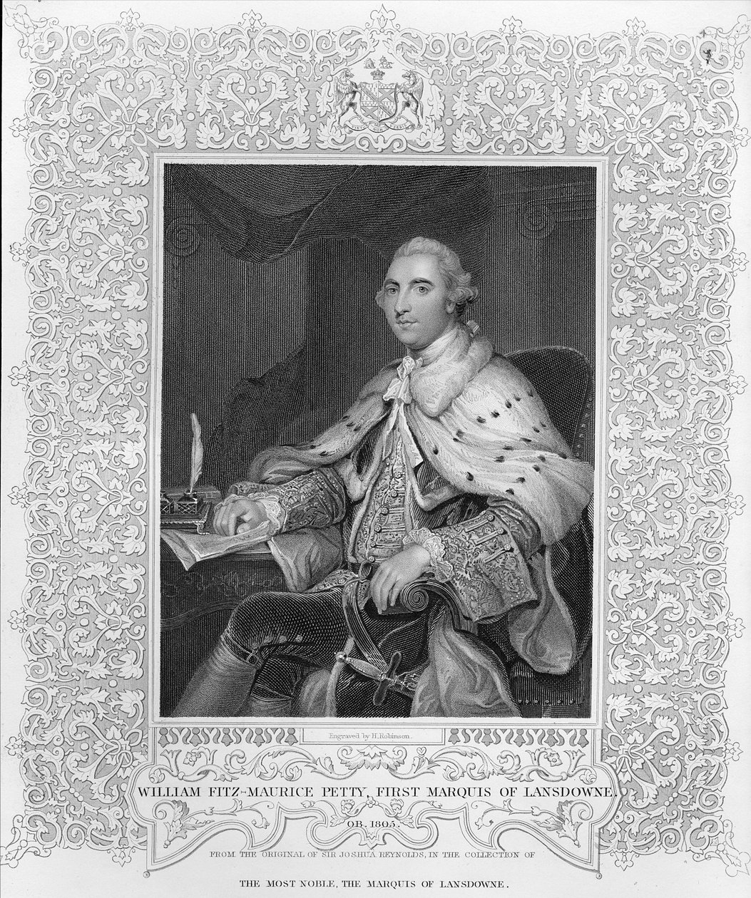 William Fitz-Maurice Petty，Lansdowne的第一侯爵，由H. Robinson雕刻 作者 约书亚·雷诺兹（Joshua Reynolds）
