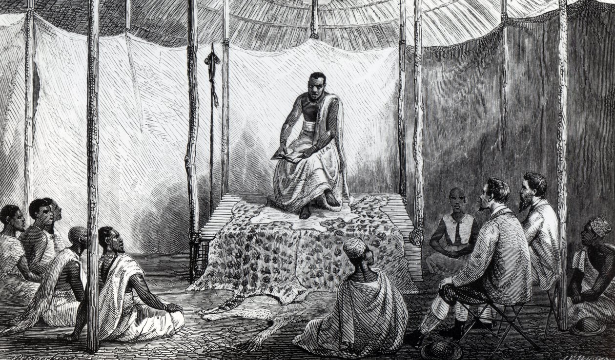Kamrasi在圣经中的第一课，来自John Hanning Speke的“发现尼罗河之源的杂志”，1864年出版 作者 乔西亚·伍德·怀珀（Josiah Wood Whymper）
