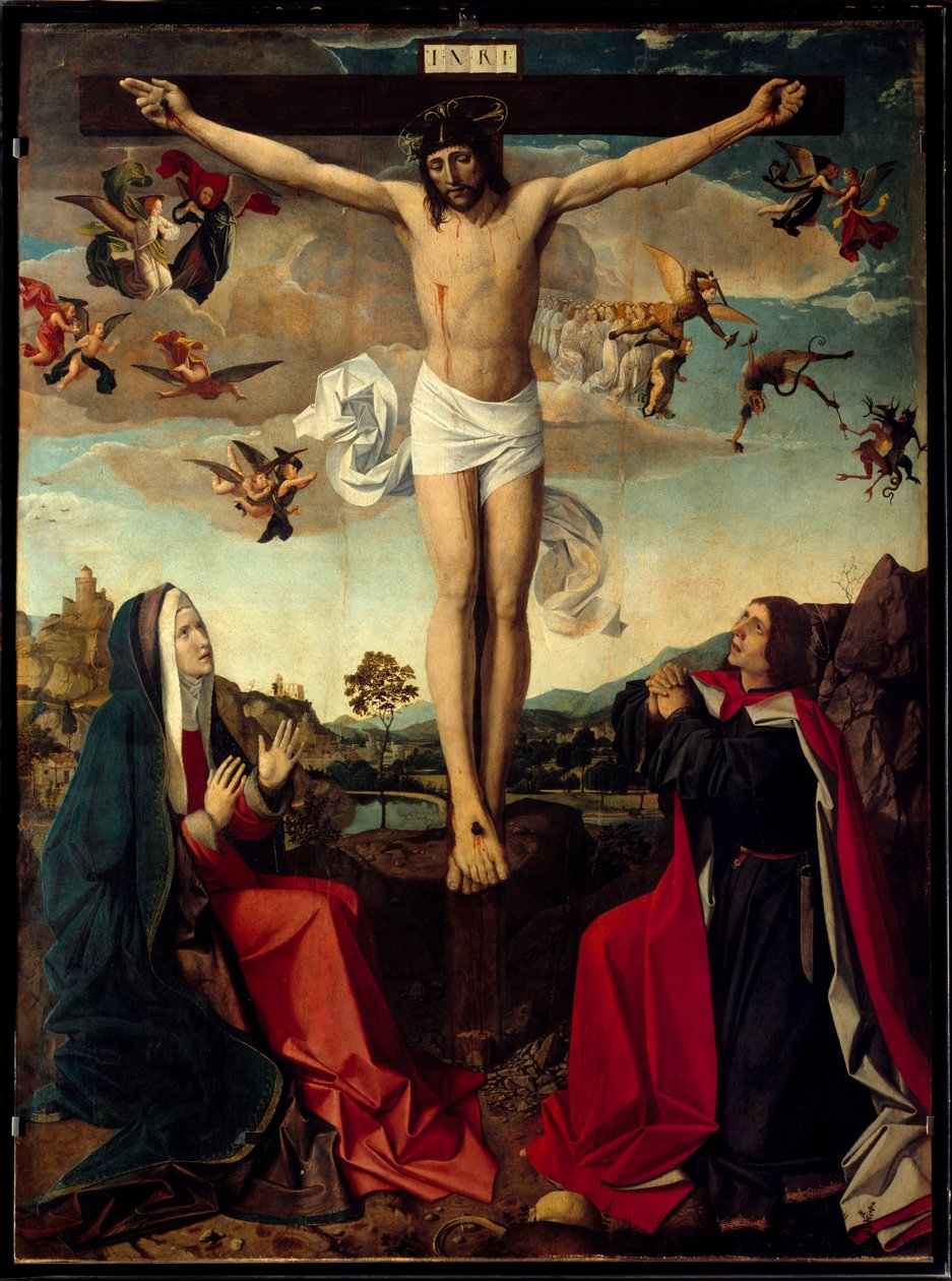 Calvary. Crucifixion with the Virgin Mary and Saint John at the foot of the cross. Inscription “” INRI”” on the cross. Painting by the master of San Sebastian or Josse Lieferinxe (Active from 1493 to 1505) 作者 乔斯（FL.1493 1508）交付斧头