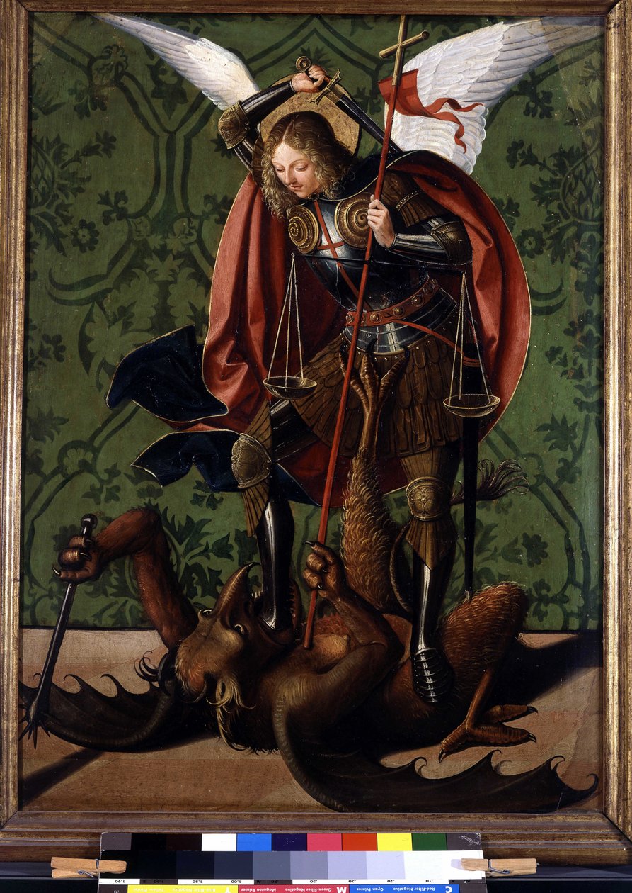 Reverse of an altarpiece: Saint Michel defeating the demon. Painting by Josse Lieferinxe, active between 1493-1508 作者 乔斯（FL.1493 1508）交付斧头