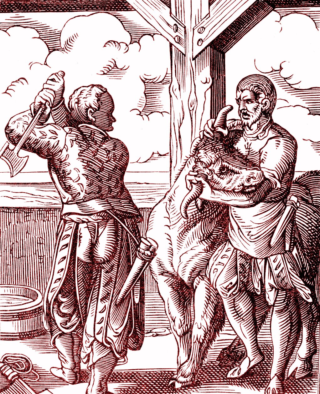 屠夫 - 中世纪的食物和烹饪。 约斯特·安曼（Jost Amman，1539-1591 年）雕刻。 雕刻 1878 作者 约斯特（后）安曼