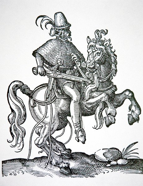 拿着轮锁手枪的马兵，来自 "Kunstbuchlin "的插图 作者 约斯特安曼