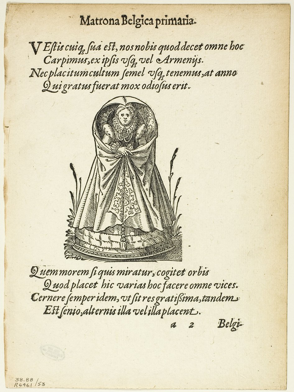 Matrona Belgica primaria（比利时一级护士长），选自《Gynaeceum, sive Theatrum Mulierum》，图版 53，选自《十六世纪书籍木刻》。 作者 约斯特安曼