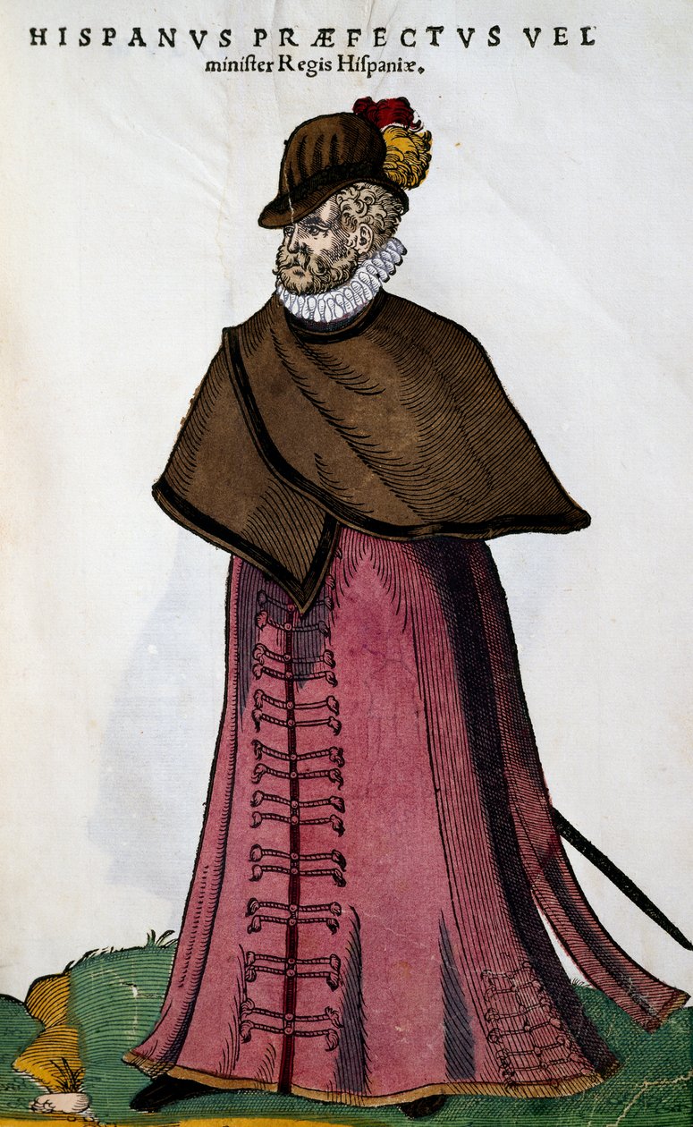 西班牙王室的部长服装，约斯特-安曼（1539-1591）的雕刻，来自Habitus praecipuorum populorum, virorum tam quam singulari foeminarum art depicti。 作者 约斯特安曼