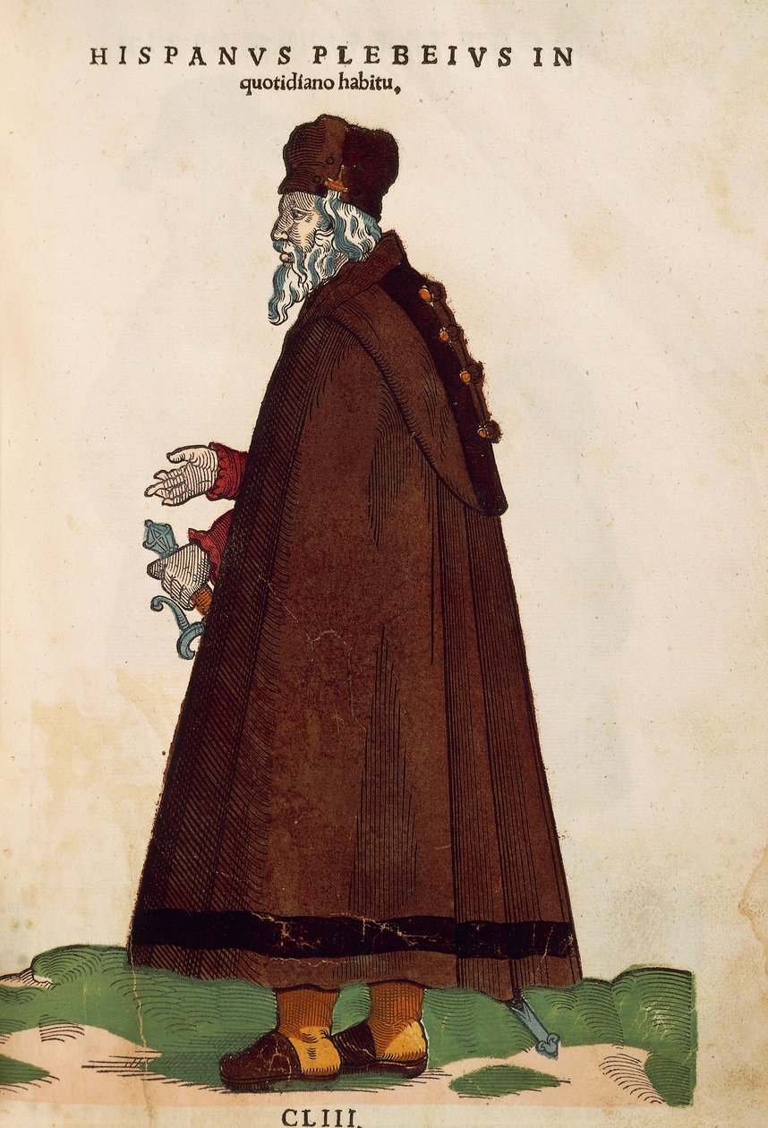 穿着日常服装的西班牙人，来自Jost Amman的Habitus Praecipuorum Popularum，雕刻。 作者 约斯特安曼