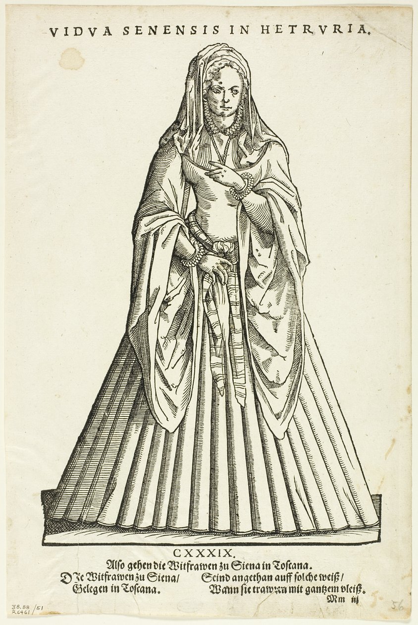 Vidua Senensis in Hetruria（托斯卡纳锡耶纳的寡妇），选自 H. Weigel 的 Trachtenbuch，图版 51，选自 XVI 世纪书籍中的木刻作品 作者 约斯特安曼